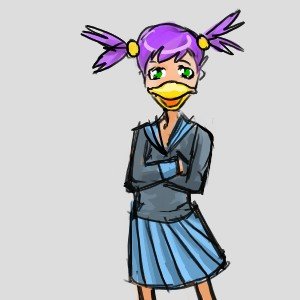 Rating: Questionable Score: 0 Tags: beak bizarre crossed_arms duck green_eyes pun purple_hair school_uniform simple_background too_literal twintails User: (automatic)timewaitsfornoone
