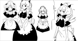 Rating: Safe Score: 0 Tags: animal_ears apron collage dress hon-hon long_hair maid maid_headdress maid_outfit monochrome oxykoma_(artist) sketch User: (automatic)Anonymous