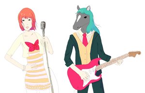 Rating: Safe Score: 0 Tags: bracelet green_eyes guitar hands_on_hips horse horsehead instrument microphone momo-tan music necktie open_mouth orange_hair peach_hair simple_background teeth User: (automatic)Meh