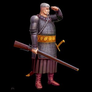 Rating: Safe Score: 0 Tags: 1boy /an/ armor chainmail gun lolwoot_(artist) medieval mustache sabre simple_background weapon User: (automatic)nanodesu