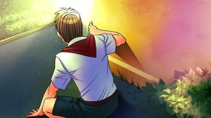 Rating: Safe Score: 0 Tags: 1boy brown_hair eroge from_behind game_cg hiding highres necktie outdoors pioneer pioneer_necktie pioneer_uniform semyon_(character) shirt short_hair shorts sitting User: (automatic)Anonymous