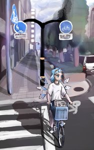 Rating: Safe Score: 0 Tags: alternate_costume bicycle blue_eyes blue_hair bow cirno city cityscape f2d_(artist) outdoors riding road shirt short_hair street touhou traffic_sign tree t-shirt wings User: (automatic)nanodesu