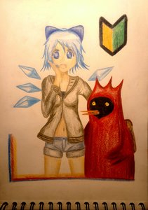 Rating: Safe Score: 0 Tags: 1girl alternate_costume blue_eyes blue_hair bow cardigan casual cirno hair_bow navel open_mouth shorts traditional_media wakaba_mark winged_doom User: (automatic)Anonymous