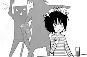 Rating: Safe Score: 0 Tags: 1boy anonymous banhammer banhammer-tan blush bomb-kun_(artist) chibimod-chan eating food monochrome silhouette simple_background sitting striped twintails weapon User: (automatic)nanodesu