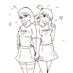 Rating: Safe Score: 0 Tags: 2girls anger_vein breasts finger glasses hai-chan hairpin hands_on_hips heart holding_hands hudozhnik-kun_(artist) iie-chan long_hair monochrome shirt short_hair side_ponytail simple_background sketch skirt smile tagme thighhighs t-shirt twintails wink zettai_ryouiki User: (automatic)nanodesu