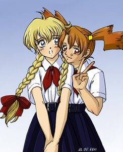 Rating: Safe Score: 0 Tags: 2girls blonde_hair blue_eyes blush bow braid dvach-tan necktie open_mouth orange_hair pioneer pioneer_necktie pioneer_uniform red_eyes shirt simple_background skirt slavya-chan /tan/ twin_braids twintails v v_hands User: (automatic)nanodesu