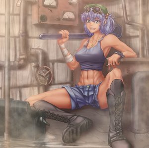 Rating: Safe Score: 0 Tags: alternate_costume blue_eyes blue_hair boots cigarette goggles hat hater_(artist) kawashiro_nitori midriff muscles navel piercing shorts sitting smoking /to/ top touhou twintails User: (automatic)Anonymous