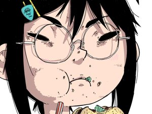 Rating: Safe Score: 0 Tags: black_hair bomb-chan bomb-kun_(artist) closed_eyes eating food glasses hairpin short_hair simple_background User: (automatic)nanodesu