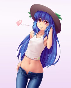 Rating: Safe Score: 0 Tags: 1girl alternate_costume blue_hair contemporary denim hat hater_(artist) heart hinanawi_tenshi leaf long_hair midriff navel pants piercing red_eyes simple_background smile solo tank_top /to/ touhou User: (automatic)Anonymous