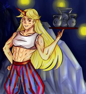 Rating: Safe Score: 0 Tags: blonde_hair crop_top horns hoshiguma_yuugi long_hair midriff muscles pants striped sweat /to/ touhou tray weights User: (automatic)Anonymous