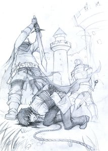 Rating: Safe Score: 0 Tags: 1boy armor castle fantasy from_below monochrome okha_(artist) outdoors perspective rope sketch sword tagme tower traditional_media weapon User: (automatic)nanodesu
