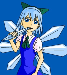 Rating: Safe Score: 0 Tags: 1girl blue blue_background blue_eyes blue_hair bow cirno icicle mouth_hold mspaint short_hair simple_background solo /to/ touhou wings User: (automatic)Big_C