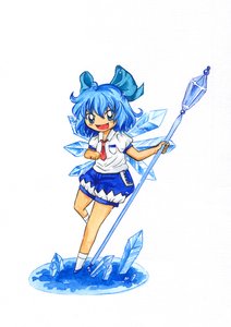 Rating: Safe Score: 0 Tags: alternate_costume blue_eyes blue_hair blush bow cirno necktie open_mouth short_hair shorts simple_background /to/ touhou traditional_media wings User: (automatic)nanodesu