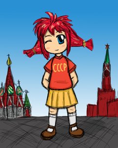 Rating: Safe Score: 0 Tags: blush hands_behind_back kremlin moscow pleated_skirt red_eyes red_hair russia sauce_(artist) shirt skirt sky soviet star t-shirt twintails ussr-tan wink User: (automatic)timewaitsfornoone