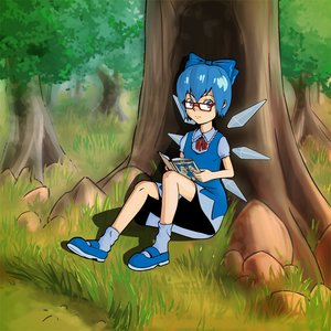 Rating: Safe Score: 0 Tags: against_tree bespectacled blue_hair book cirno forest glasses grass nature reading ribbon short_hair touhou tree wings User: (automatic)timewaitsfornoone