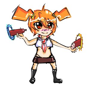 Rating: Safe Score: 0 Tags: blush boots chibi crop_top crossover dvach-tan food miniskirt necktie orange_hair pioneer_tie portal red_eyes sausage simple_background skirt twintails User: (automatic)nanodesu