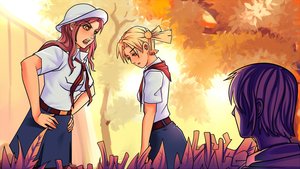 Rating: Safe Score: 0 Tags: 1boy 2girls brown_hair dvach-tan eroge from_behind game_cg grass hands_on_hips hat highres long_hair mod-chan necktie orange_eyes orange_hair outdoors pioneer pioneer_necktie pioneer_uniform semyon_(character) shirt short_hair skirt tree twintails User: (automatic)Anonymous