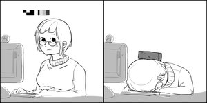 Rating: Safe Score: 0 Tags: computer glasses monochrome short_hair sitting sketch strip table User: (automatic)nanodesu