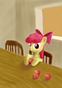 Rating: Safe Score: 0 Tags: animal apple apple_bloom bow /bro/ fine_art_parody my_little_pony no_humans parody pony room sitting table window User: (automatic)Anonymous