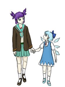 Rating: Safe Score: 0 Tags: blue_hair cardigan cirno dress green_eyes holding_hands purple_hair school_uniform touhou twintails unyl-chan walking User: (automatic)timewaitsfornoone