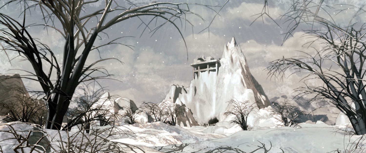 3d cloud has_child_posts highres iichan_rpg landscape mountains no_humans outdoors sepia sky snow tree winter