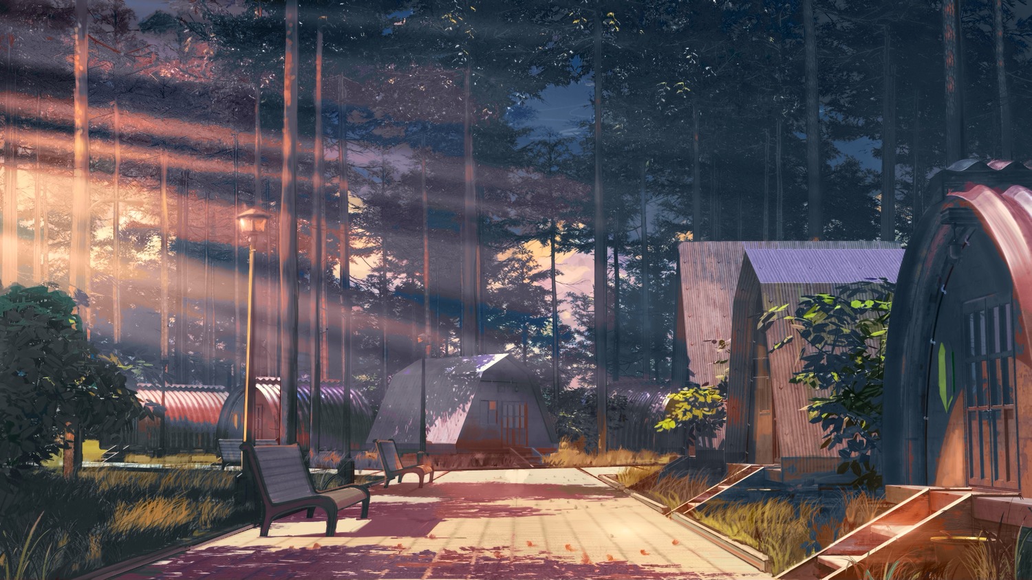 background bench camp eroge highres house no_humans outdoors summer summer_camp sunset tree twilight