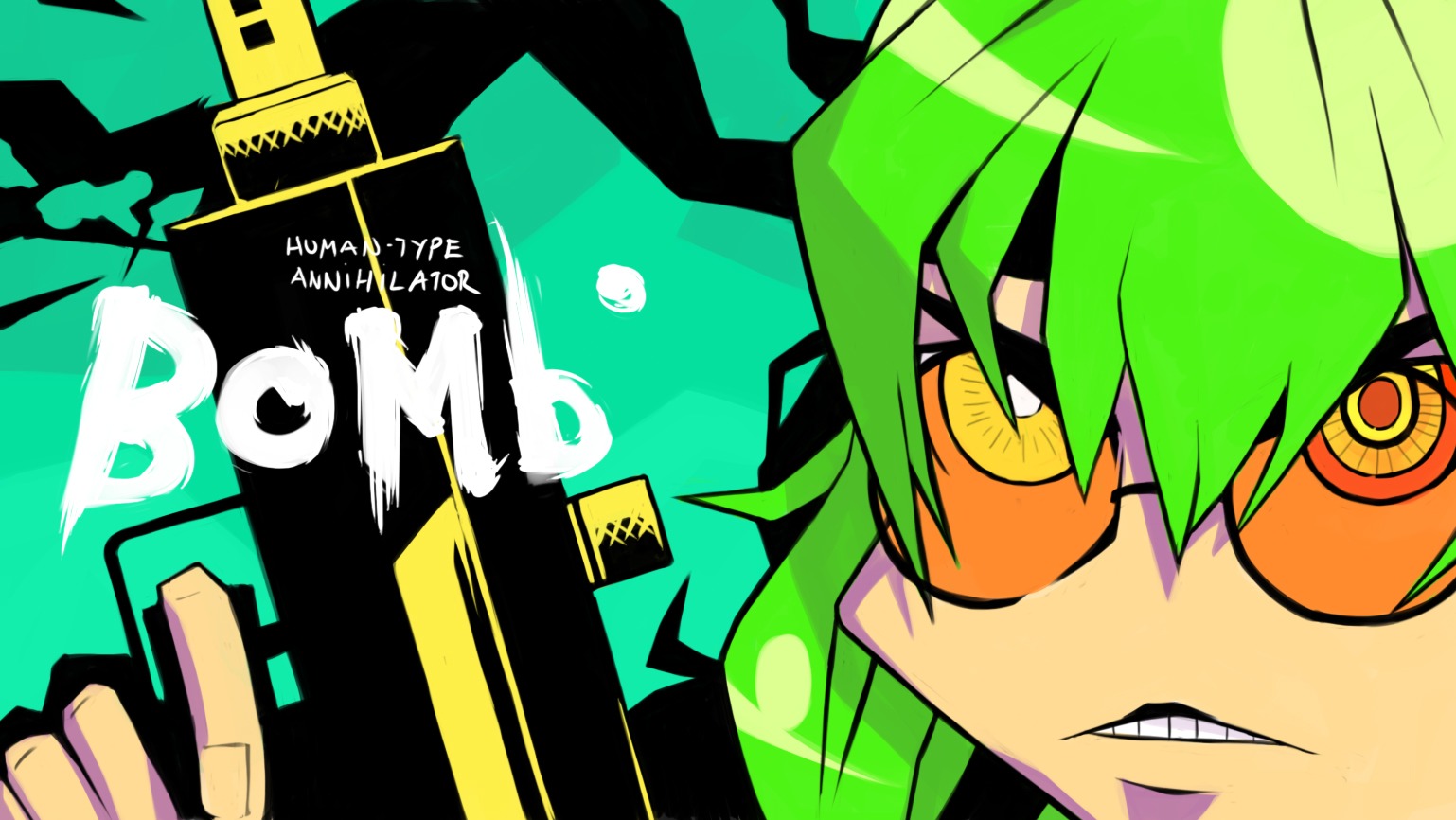 bomb-chan bomb-kun_(artist) glasses green_hair teeth weapon