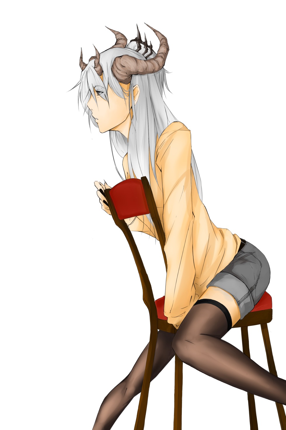 1girl chair horns long_hair shorts silver_hair simple_background sitting solo thighhighs