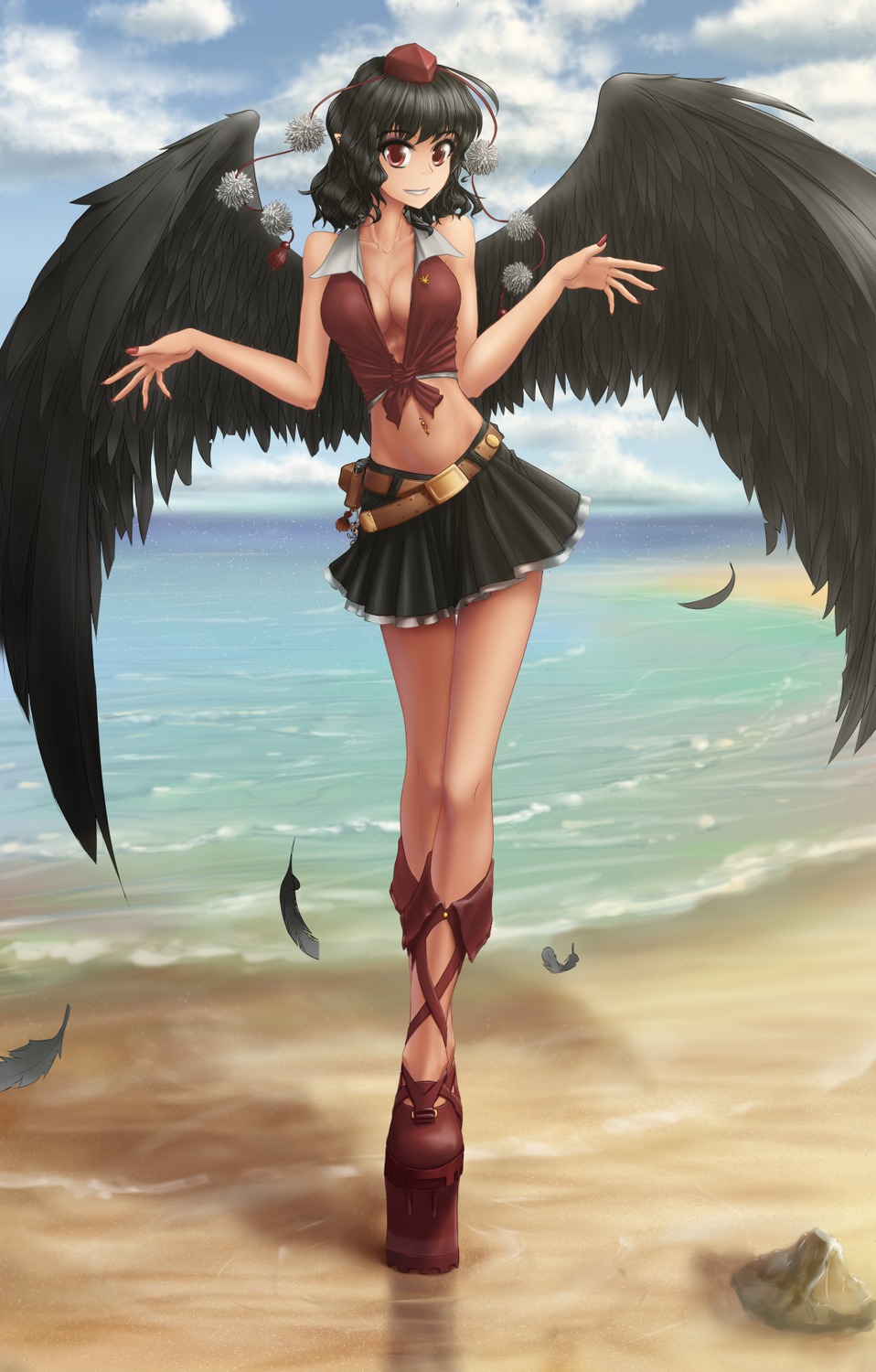 beach belt black_hair breasts hat hater_(artist) outdoors piercing red_eyes shameimaru_aya skirt smile /to/ touhou water wings