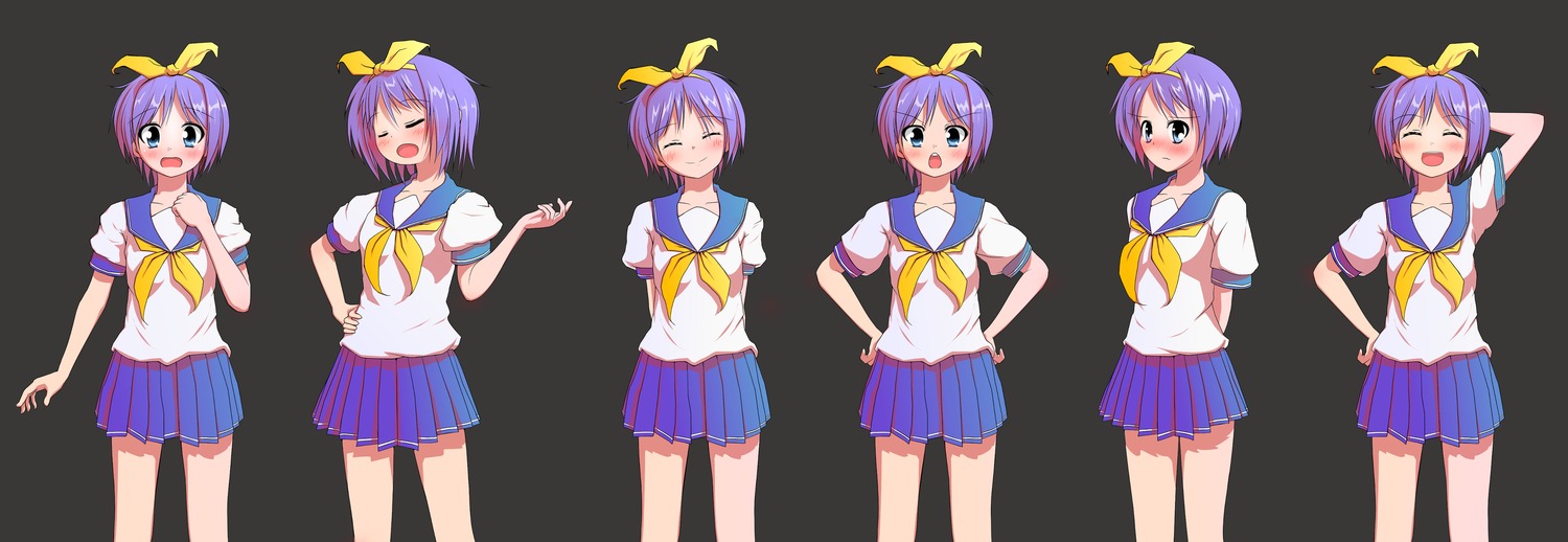 1girl arm_behind_head arm_up blue_eyes blush closed_eyes collage frown game_sprite grey_background hair_ribbon hand_on_hip hands_behind_back hands_on_hips hiiragi_tsukasa /ls/ lucky_star open_mouth pleated_skirt purple_hair ribbon school_uniform serafuku short_hair simple_background skirt smile solo