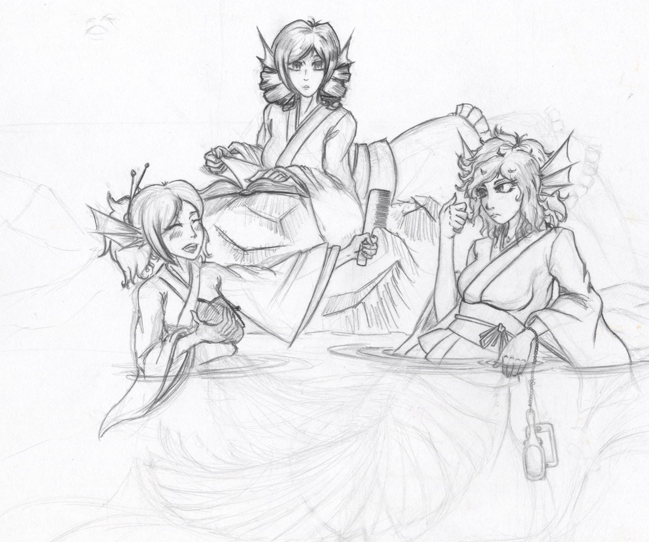 3girls book curly_hair drill_hair hair_brush head_fins japanese_clothes mermaid monochrome monster_girl multiple_girls phone /to/ touhou traditional_clothes traditional_media wakasagihime wallet water