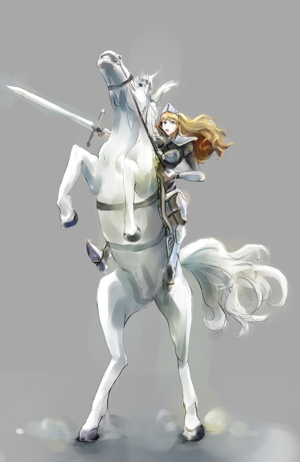 1girl animal armor blonde_hair blue_eyes horse knight long_hair open_mouth riding solo sword teeth weapon
