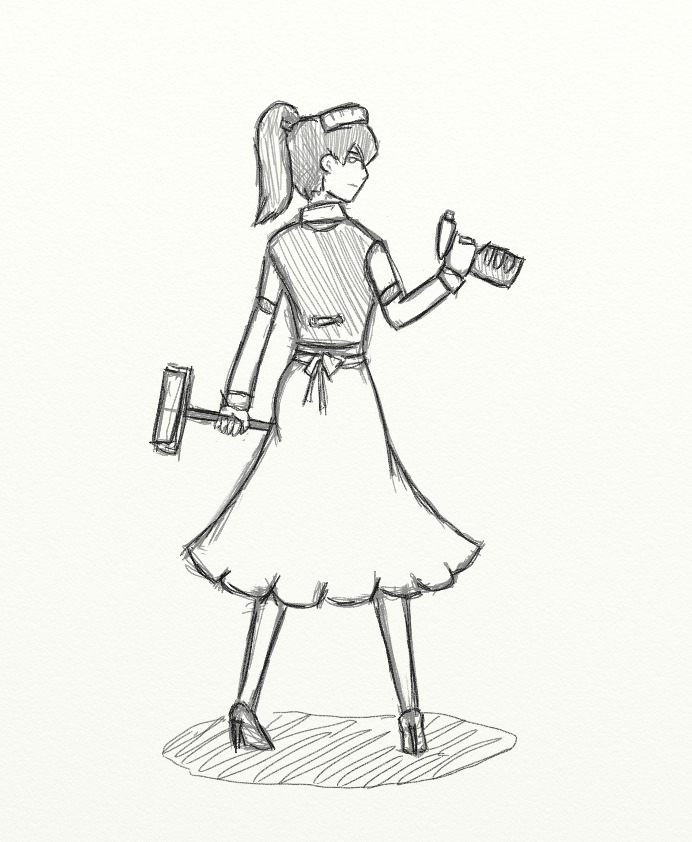 apron broom dress from_behind maid maid_headdress maid_outfit monochrome simple_background sketch spray_bottle