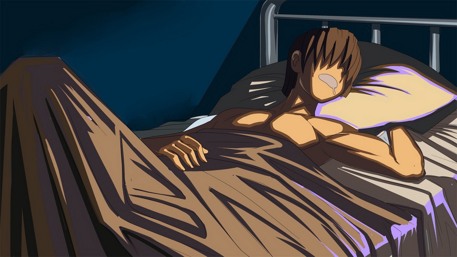 1boy bed brown_hair drooling eroge game_cg highres pillow semyon_(character) short_hair sleeping