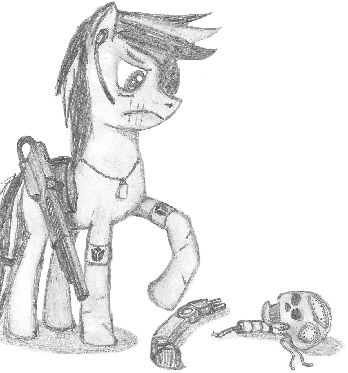 animal /bro/ character_request crossover gun monochrome my_little_pony my_little_pony_friendship_is_magic no_humans pony sad simple_background tagme traditional_media