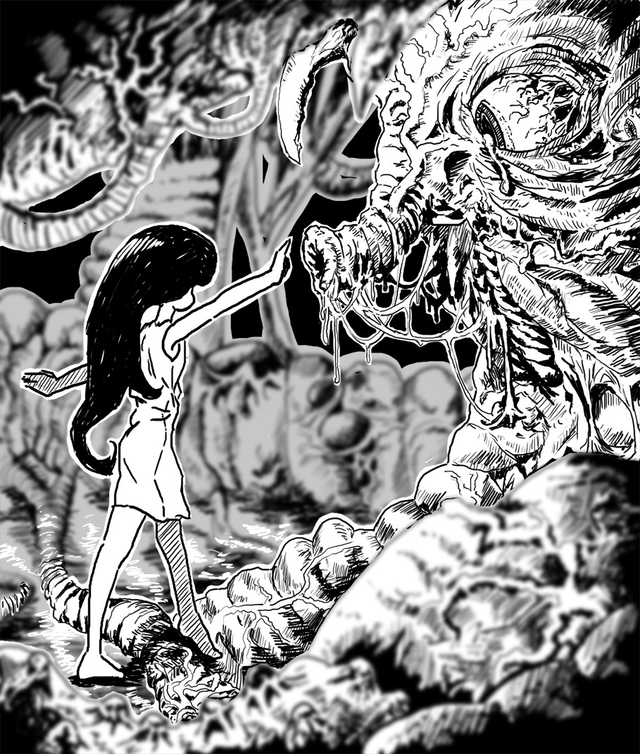 1girl barefoot bizarre depth_of_field dress long_hair monochrome monster outstretched_arm
