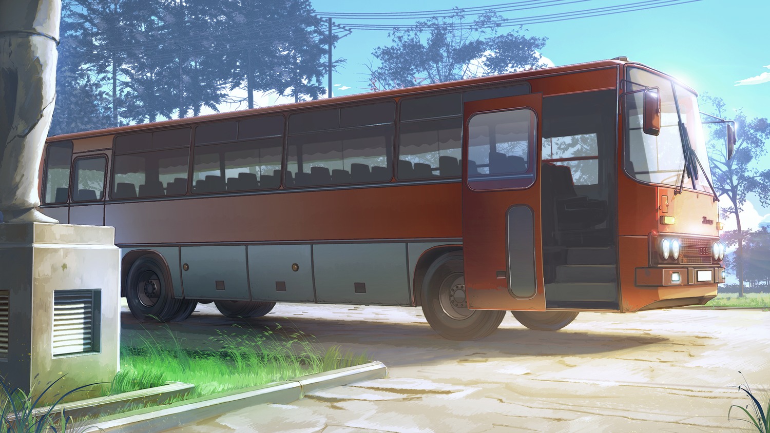 background bus eroge highres no_humans outdoors summer tree