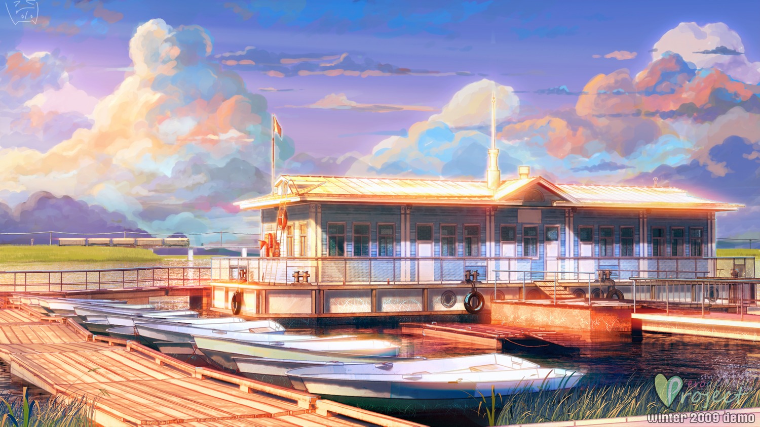 background boat cloud eroge highres house no_humans outdoors sky summer sunset twilight water