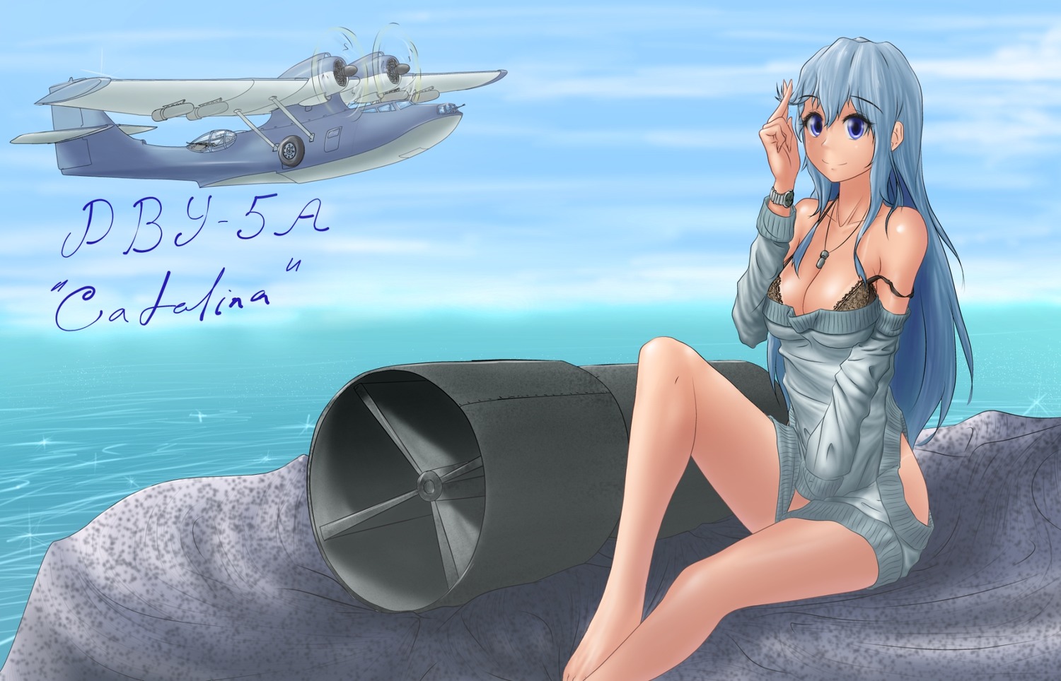 airplane bare_legs blue_eyes blue_hair bra catalina cleavage hater_(artist) long_hair nature necklace outdoors personification sea shirt_tug sitting sky water