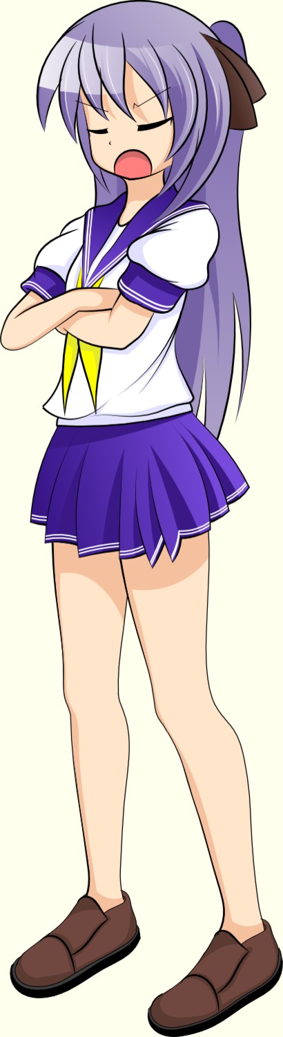 1girl closed_eyes crossed_arms frown game_sprite hiiragi_kagami long_hair /ls/ lucky_star open_mouth purple_hair school_uniform serafuku shoes simple_background skirt solo transparent_background tsundere twintails