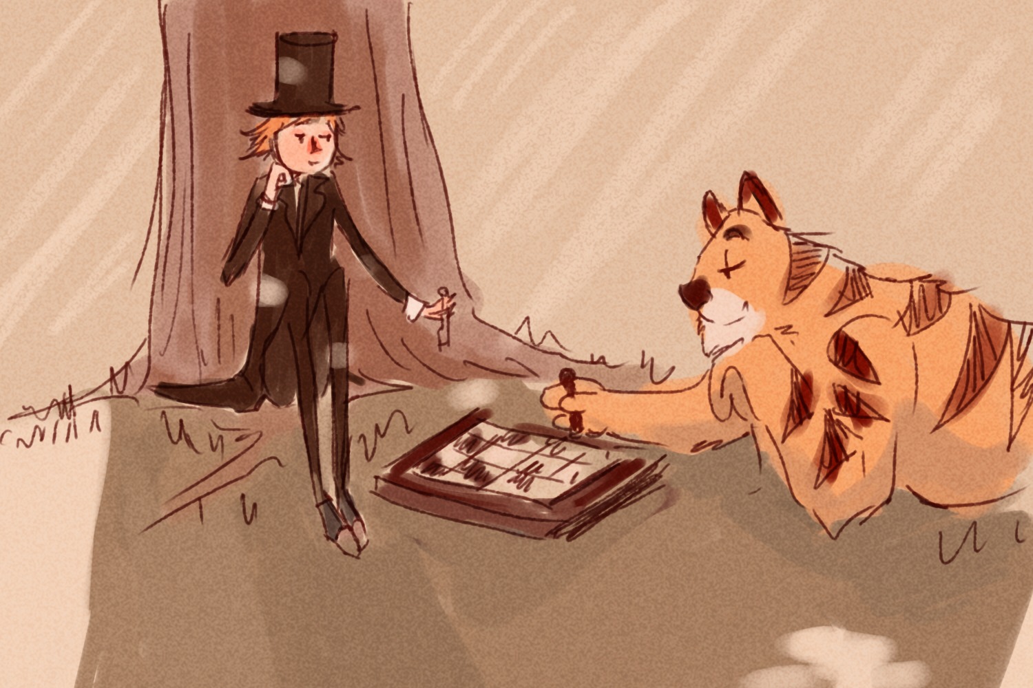 animal chess hat main_page outdoors playing_games sitting sketch tiger top_hat tree