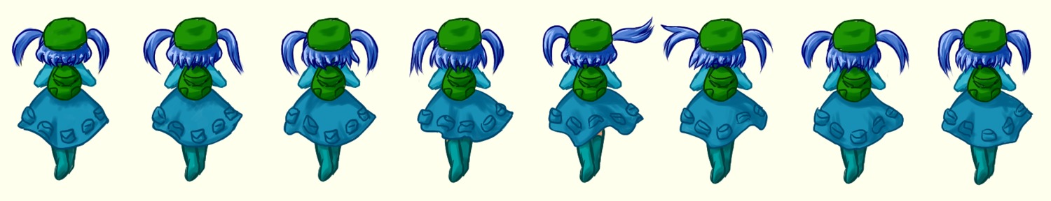 bag blue_hair bow dress from_behind game_sprite hat kawashiro_nitori long_hair simple_background sprite_sheet /to/ touhou transparent_background twintails