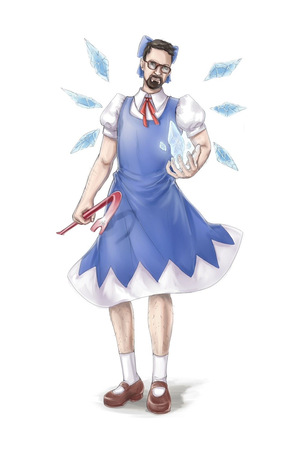 1boy alternate_costume beard cirno cosplay crossover crowbar dress glasses gordon_freeman half-life has_child_posts icicle possible_duplicate short_hair simple_background touhou wings
