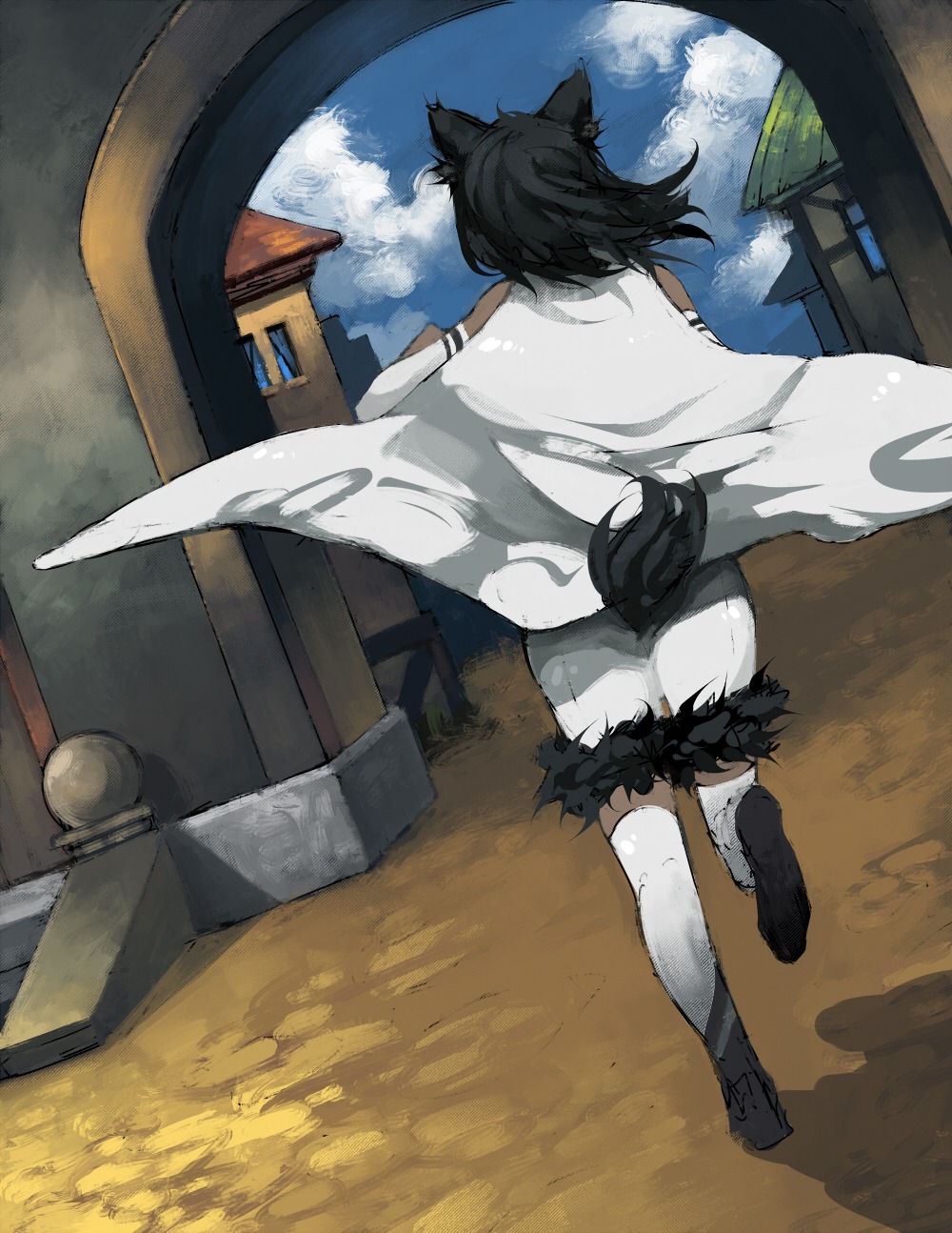 1girl animal_ears black_hair building cape cat_ears dark_skin dutch_angle felicette first_rule from_behind outdoors pony_(artist) running short_hair shorts solo tail thighhighs