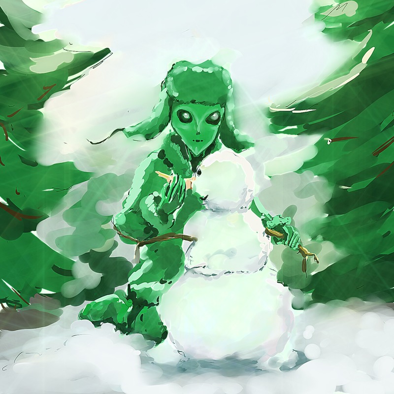 alien green_skin hat outdoors petrovich snow snowman solo tree winter