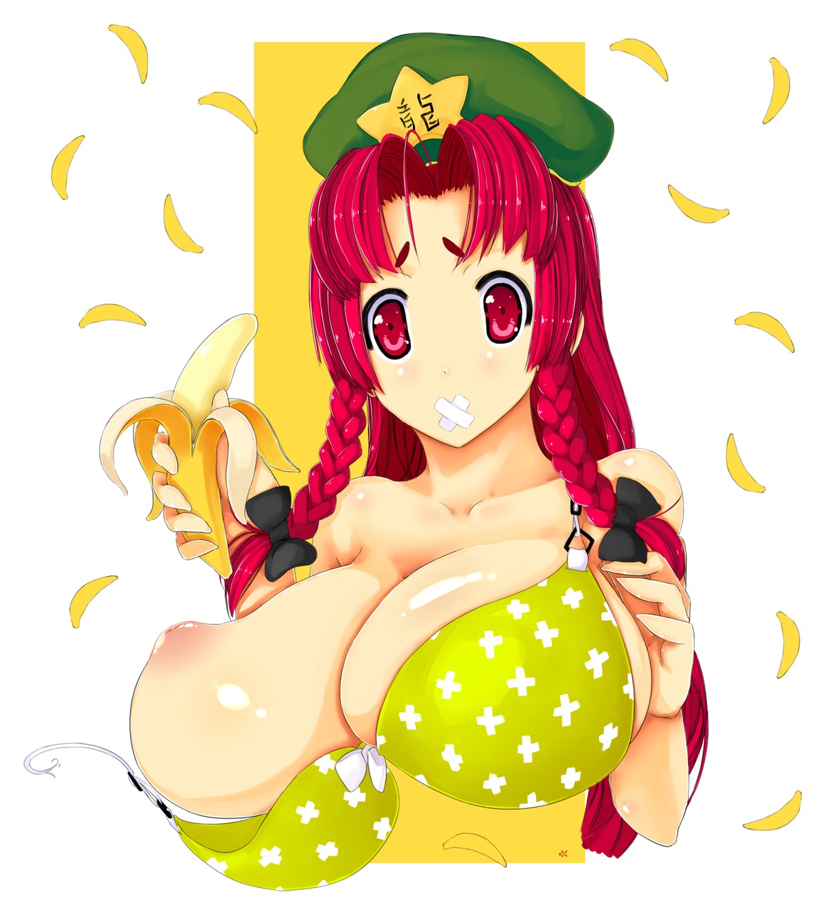 banana bandaid braid breasts hat hong_meiling long_hair oxykoma_(artist) red_eyes red_hair touhou twin_braids