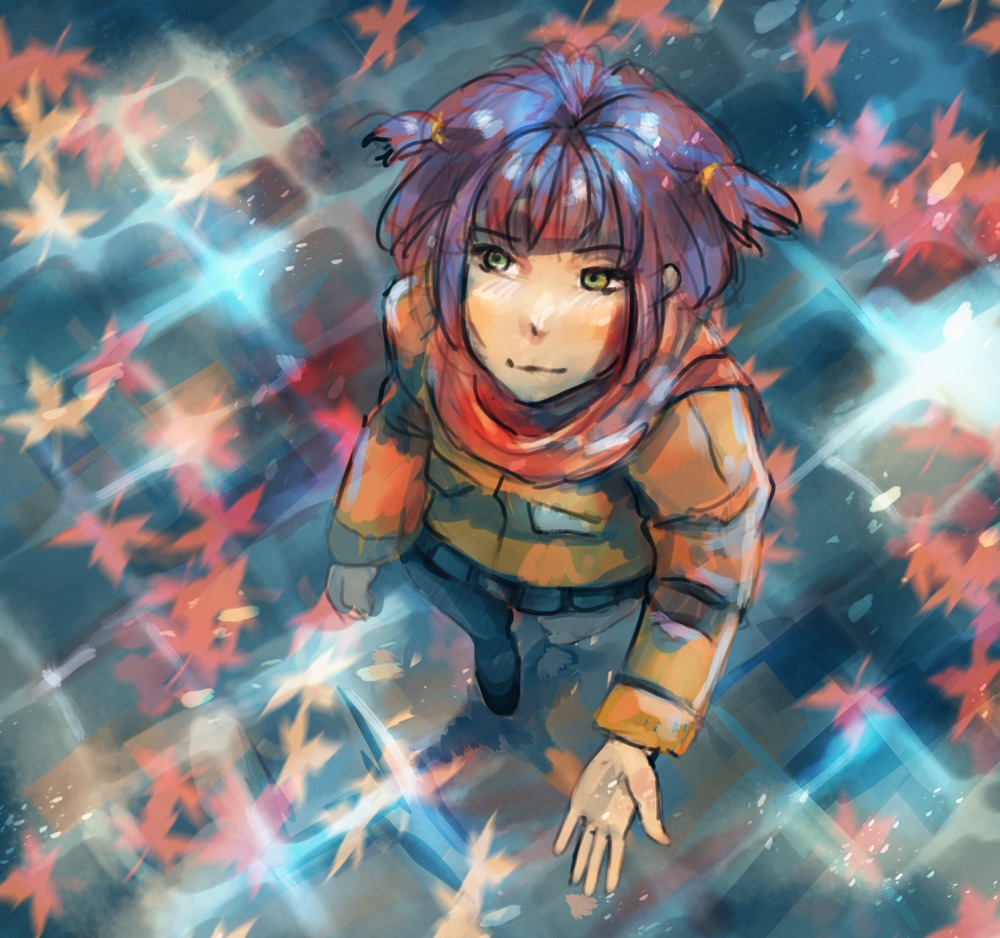 autumn from_above green_eyes leaf outdoors purple_hair scarf twintails unyl-chan
