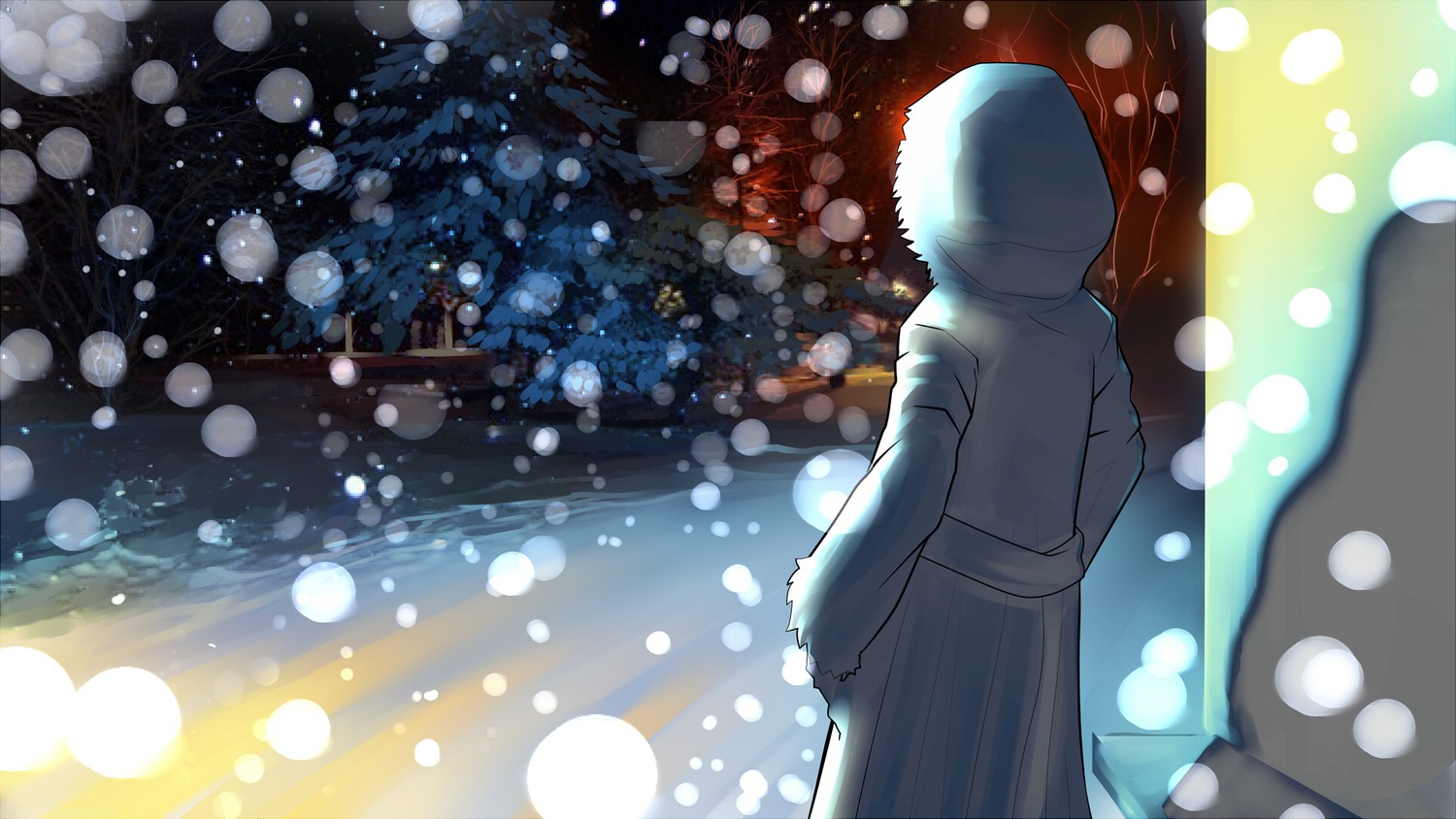 city eroge from_behind game_cg highres night outdoors slavya-chan snow street winter winter_clothes