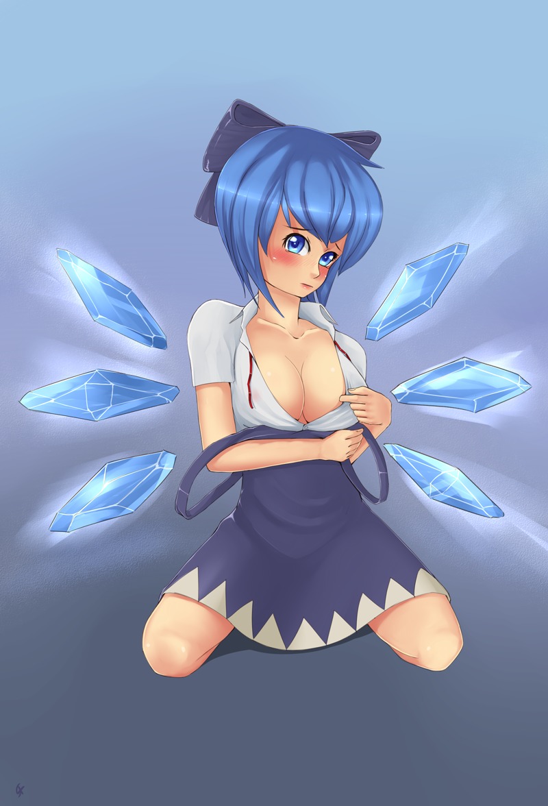 blue_eyes blue_hair blush breasts cirno short_hair simple_background sitting touhou undressing wings