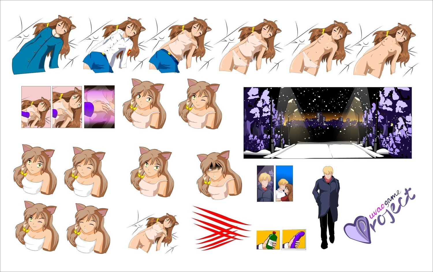 1boy bed blonde_hair blouse blush blush_stickers bottle bow braid breast_grab breasts brown_hair cat_ears co_(artist) coat dildo eroge game_cg house landscape lantern night nude panties pussy sheet short_hair skirt smile snow top tree undressing uvao-chan uvao_project yellow_eyes